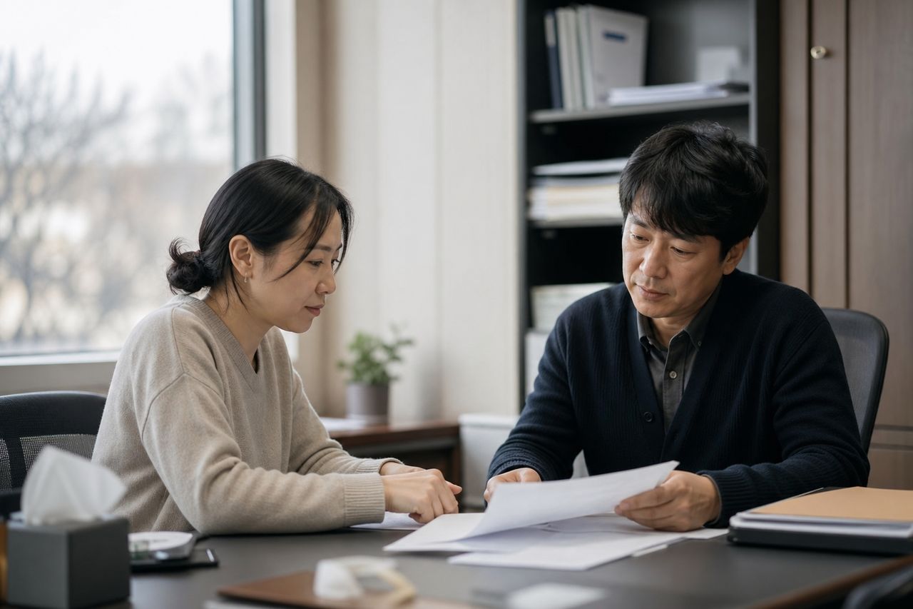 이혼상담 전화 걸기 두려웠던 38세 직장인 L씨 — 배우자가 협의이혼 합의서 서명 다음 날 공동명의 아파트 지분을 어머니 명의로 돌렸다, 72시간 안에 가처분 신청하는 순서 관련 전문가 상담·서류 검토 장면